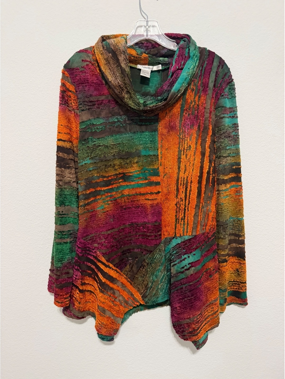 Feratelli Long Sleeve Cowl Neck Multicolor Textured Asymmetrical Tunic Size XL